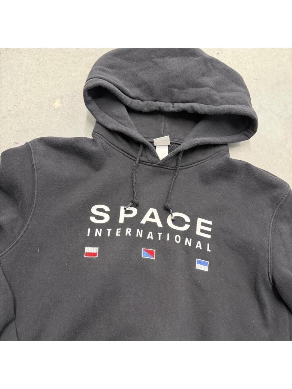 H&M Space International Hoodie Men's Small Black Graphic Pullover Sweatshirt